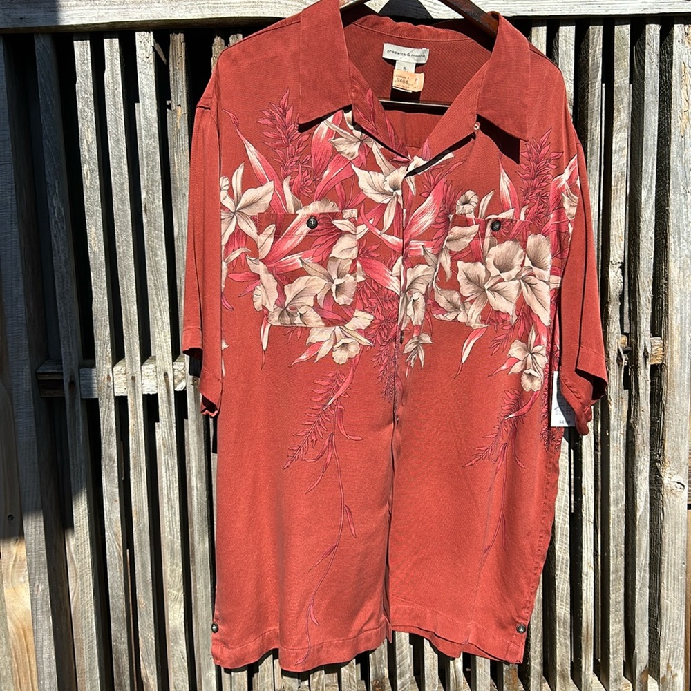 Preswick & Moore Vintage 90s Silk Hawaiian Shirt XL Earth Rust Floral Button Up